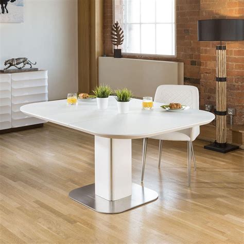 High Quality Extending Square Dining Table With Matt White Glass Top White Matt Stem And Solid
