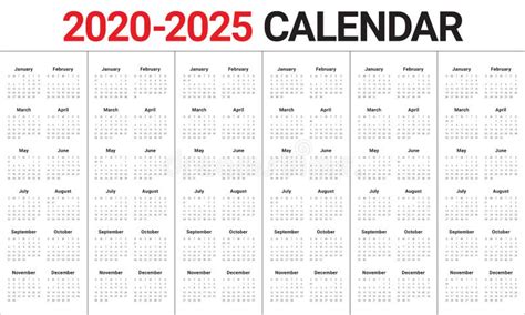 Year 2020 2021 2022 2023 2024 2025 Calendar Vector Design Template