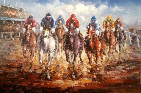 24x36 Horserace Hand Painted Oil On Canvas