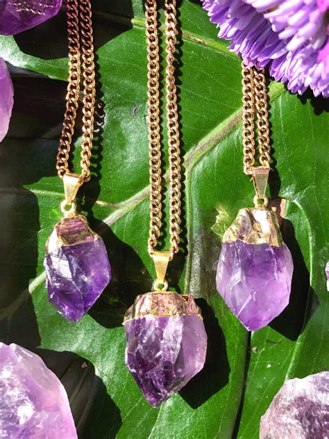Raw Amethyst Crystal Necklace On Antique Gold Chain Purple Crystal