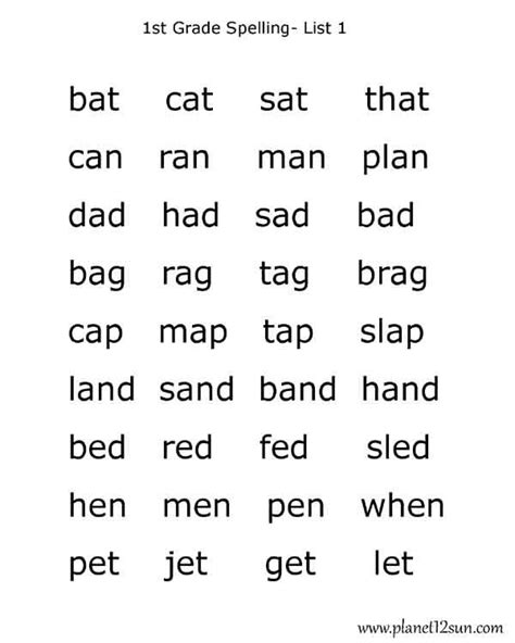 1st Grade Spelling Words Worksheet