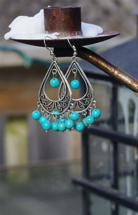 Turquoise Chandelier Earrings Semi Precious Stones Boho Earrings