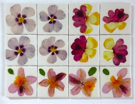 Extremely Unique Set Of Real Pressed Flowers Ceramic Tile Coasters Or