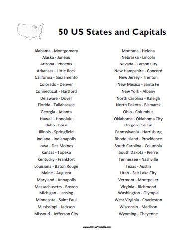 The table below lists the 50 states, with their current capital, largest city, the date they ratified the u.s. 50 States and Capitals List - Free Printable | States and ...