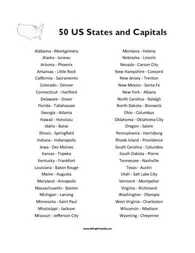 Arizona, hawaii, idaho, maine, oregon, and rhode island (in the table below, those states have one row for each potential source language or meaning). 50 States and Capitals List - Free Printable | States and ...