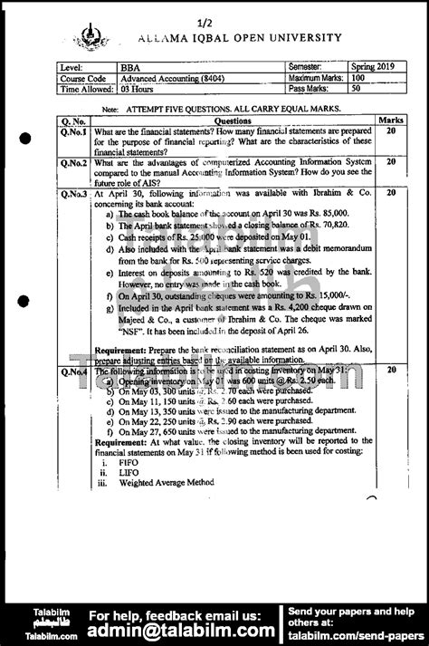 Advanced Accounting Code No 8404 Spring 2019 Past Papers Aiou Talabilm