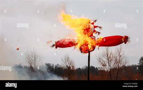Burning Effigies Straw Maslenitsa In Fire On The Traditional Holiday