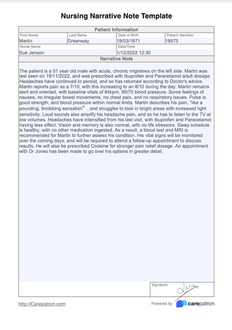Nursing Narrative Note Template And Example Free Pdf Download