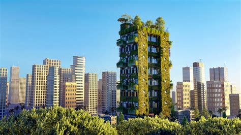 3d Render Of A Skyscraper With Vegetation On Walls And Balconies Stock