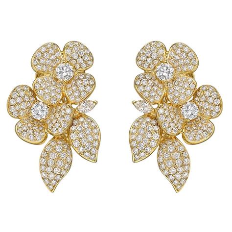Pavé Diamond Gold Double Flower Earrings From A Unique Collection Of