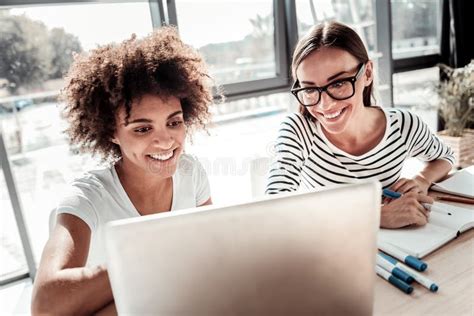 Happy Delighted Women Working Together Stock Image Image Of Connected