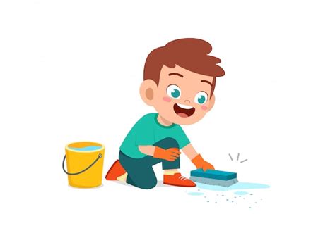 Premium Vector Happy Cute Little Kid Boy And Girl Do Chores Cleaning