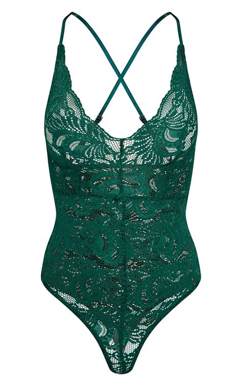 Dark Green Sheer Lace Cross Back Bodysuit Prettylittlething