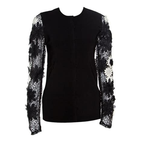 Emanuel Ungaro Black Floral Applique Lace Sleeve Detail Cardigan L For