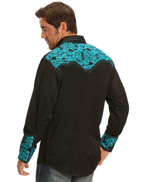 Scully Mens Turquoise Gunfighter Embroidered Long Sleeve Western Shirt