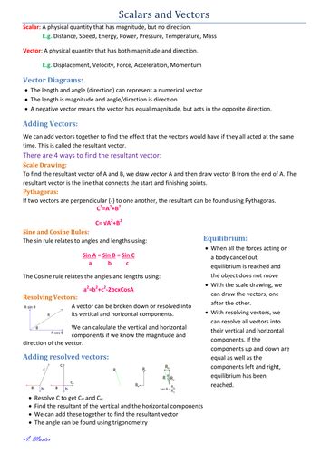 Scalars And Vectors Revision Sheet Teaching Resources