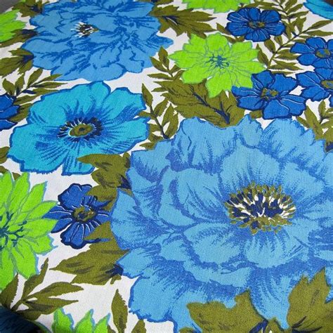 vintage mid century floral fabric blue and green large flowers cotton blend upholstery yardage