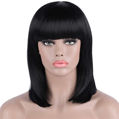 Womens 14 Inch Straight Short Black Bob Wig With Hair Bangs Heat Resistant Synthetic Full