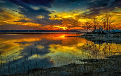 Orange Sunset Over The Lake Reflection Sky