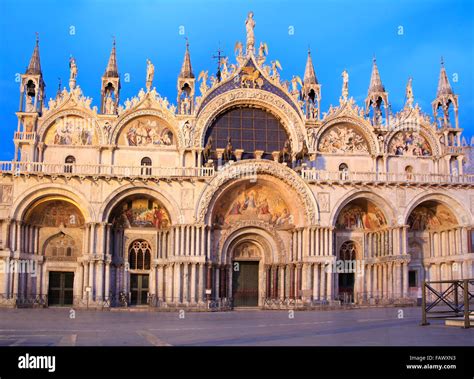 The Facade Of The Basilica Di San Marco At Dusk Venice Italy Stock