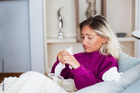 Sick Day At Home Blonde Woman Has Runny And Common Cold Cough