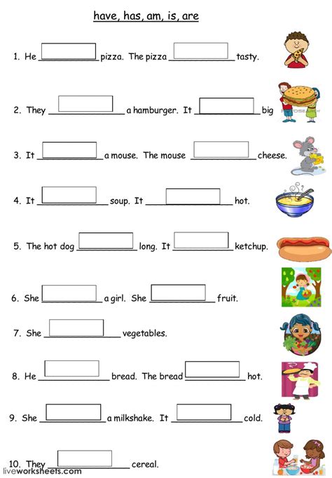 Auxiliary verbs (or helping verbs) assist the main verb. Have Has Am Is Are Food - Interactive worksheet