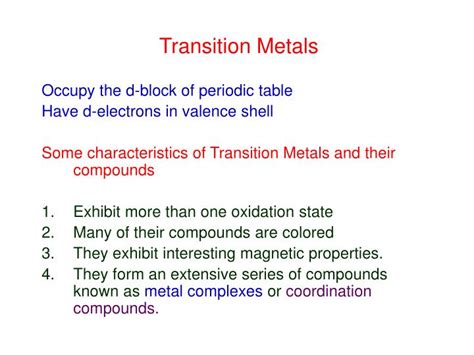 Transition metals differ from main group elements in several ways. PPT - Transition Metals PowerPoint Presentation, free ...
