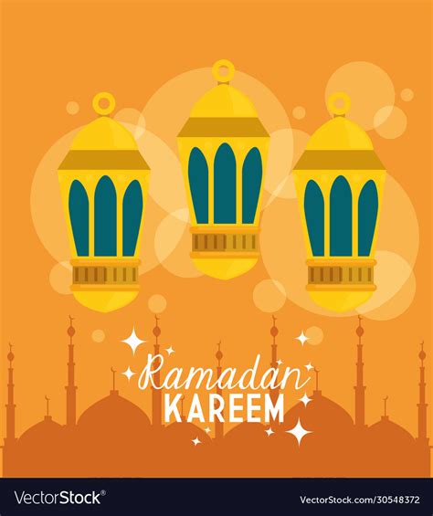 Ramadan Kareem Poster With Lanterns Hanging Vector Image