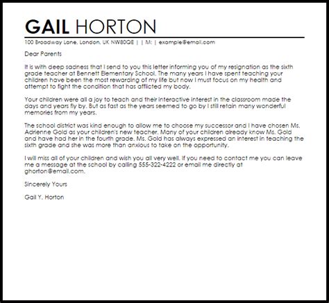 Writing a resignation letter is a simple process that offers a big impact. Teacher Resignation Letter Example to Parents | Letter ...