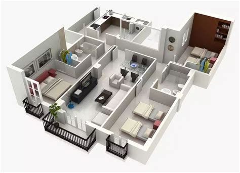 Plano De Departamento De 3 Habitaciones En 3d Simple House Design