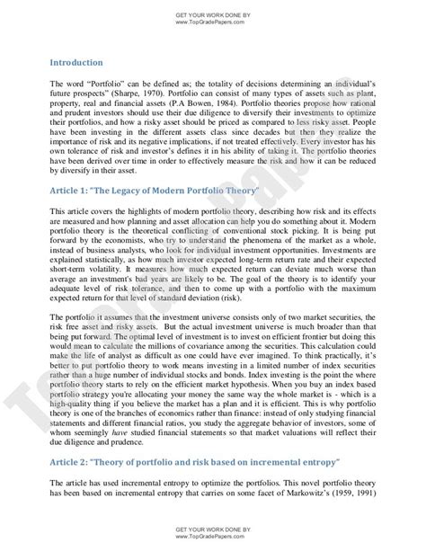 The Legacy Of Modern Portfolio Theory Academic Essay Assignment W