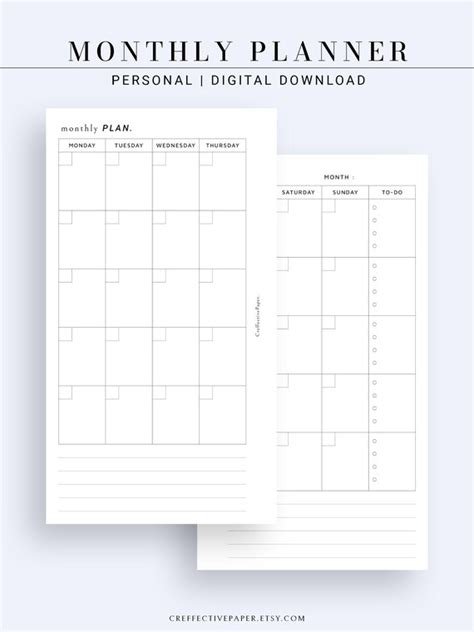 Monthly Planner Inserts Printable Calendar Template Month On Etsy