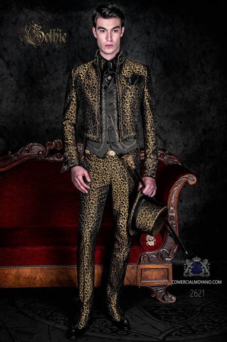 Baroque Gold And Black Jacquard Tailcoat With Gold Embroidery And Mao Collar