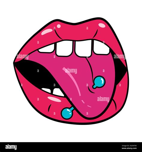 Woman Lips Pop Art Retro Style Red Open Mouth With Pierced Tongue