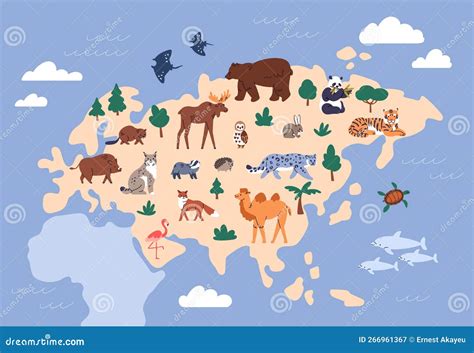 Animals On Eurasia Map Cute Wild Eurasian Mammals Fauna Land And Sea
