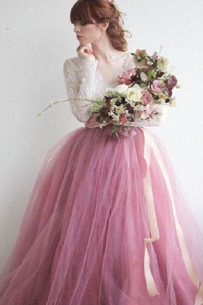 Mauve Colored Tulle Wedding Dress With Long Lace Sleeves Loveangeldress