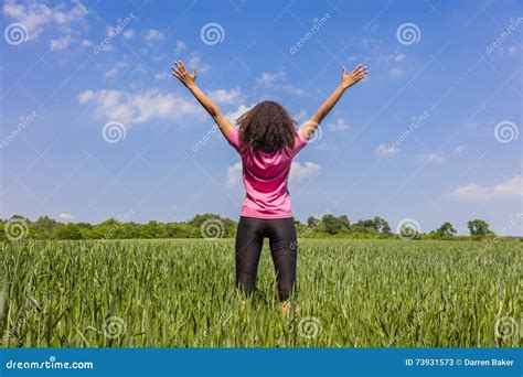 Female Woman Girl Runner Arms Raised In Green Field Stock Image Image