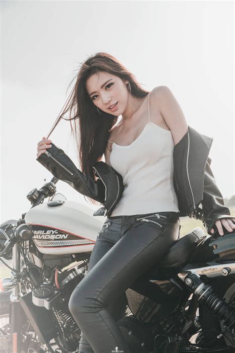 Brunette Asian Women Model Leather Pants Women With Bikes Leather Jackets Holding Hair
