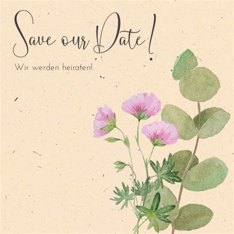 Save The Date Karte Aus Recycling Mit Eukalyptus Und Blume In Rosa