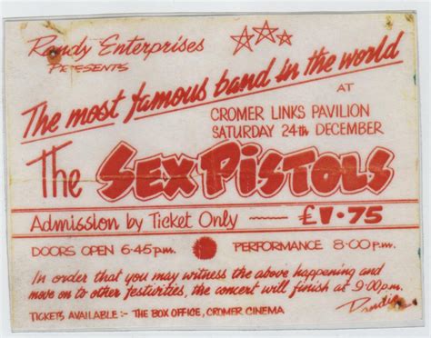 Punk In The East The Sex Pistols Ticket Cromer Dec 1977