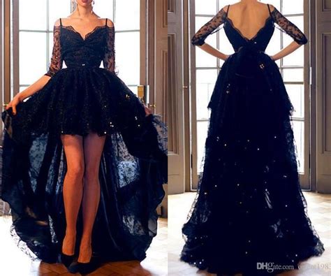 Sexy Black High Low Prom Dress 2017 Half Sleeve V Neck Open Back Lace Evening Gown Custom
