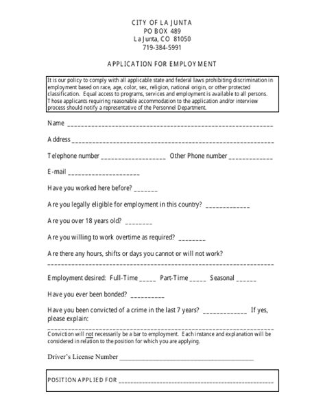 City Of La Junta Colorado Employment Application Form Fill Out Sign