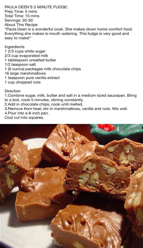 Mix semi sweet chocolate chips, pecans and marshmallows with a few more ingredients for a sweet treat. Paula Deen's 5 Minute Fudge | Fudge ingredients, Paula ...