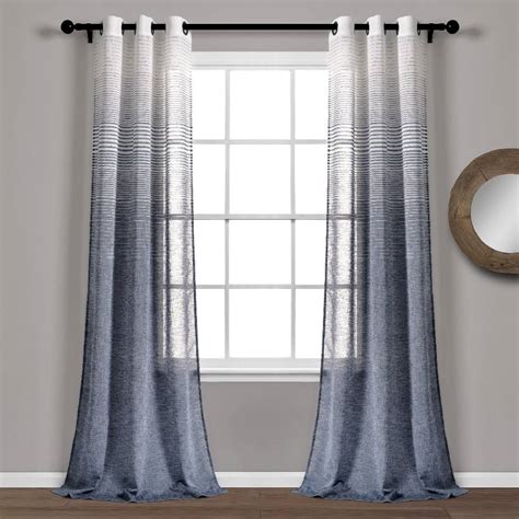 Ombre Stripe Grommet Sheer Window Curtain Panels Navy 38x84 Set Lush