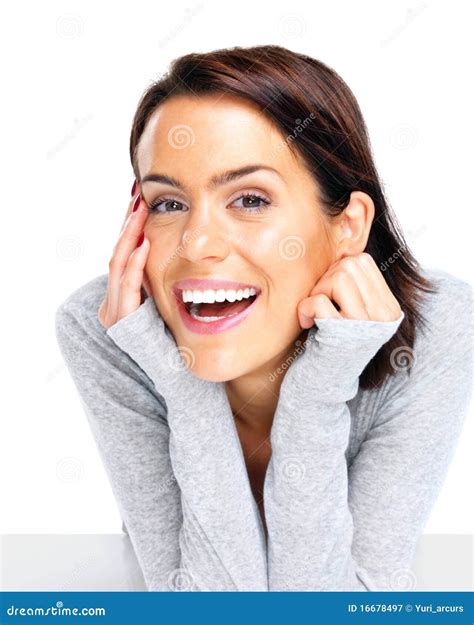 Portrait Of Smiling Woman Resting Her Chin On Hand Stock Image Image