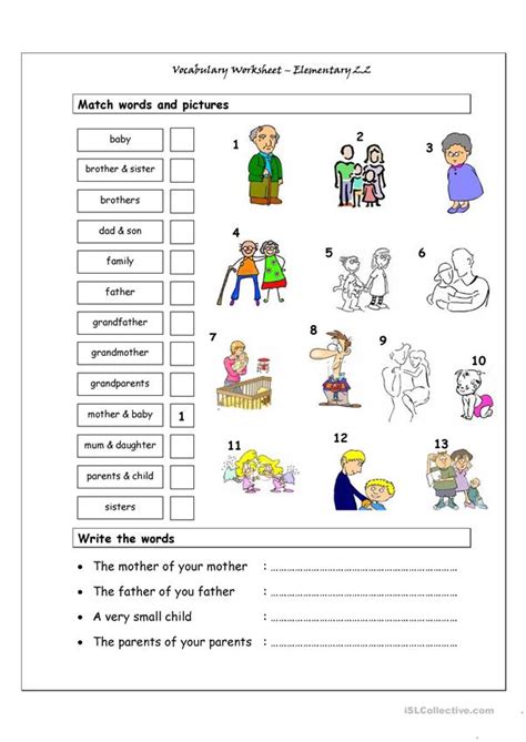 There are plenty of them with varied level of challenge to improve logical reasoning as well. Vocabulary Matching Worksheet - Elementary 2.2 (Family) worksheet - Free ESL printable ...