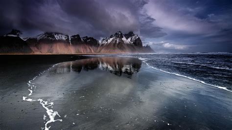 Download Wallpaper Beach Mountains Iceland Black Sand Section