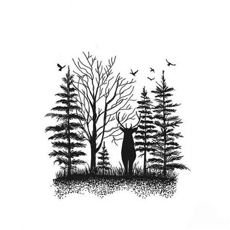 An Ink Drawing Of A Deer In The Woods
