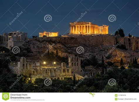 Night View Of The Parthenon In Athens Greece Stock Photo Image Of