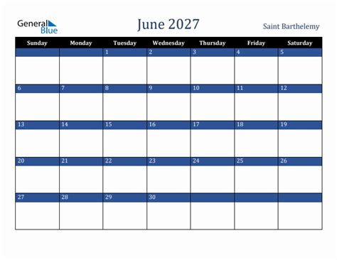 June 2027 Calendar With Saint Barthelemy Holidays